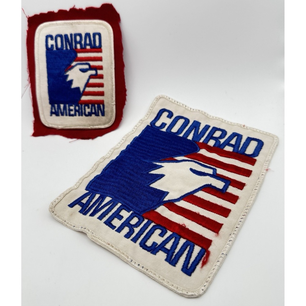 2 Well Used CONRAD AMERICAN Advertising Patch Vtg Farm Bin Grain Storage 3X4 5X7